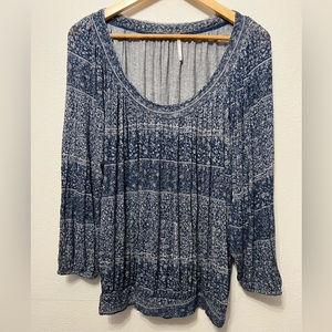 Free People Blue Micro Flower Print Wide Neck‎ Gathered Waistband Peasant Blouse